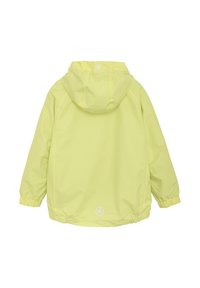 Vattentät gul jacka med huva, elastiska ärmslut och logodetalj på baksidan. Slät yta och lätt material, utformad för utomhusbruk.