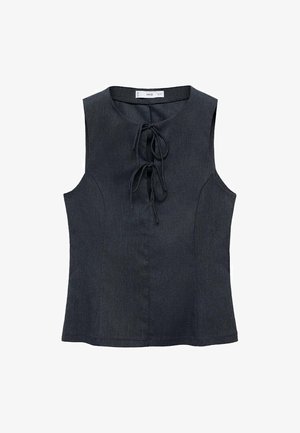 Top senza maniche grigio scuro con scollo rotondo e dettaglio di nodo frontale. Realizzato in un tessuto testurizzato, presenta una forma aderente e un orlo curvo.