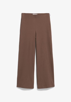 Braune weit geschnittene Hosen aus weichem, dehnbarem Material mit einer glatten Textur. Verfügt über einen hohen Taillenbund und kein sichtbares Zubehör.