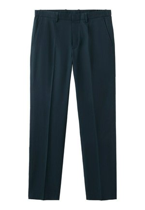 Dunkelblaue, formelle Hose mit geraden Beinen, seitlichen Taschen, Gürtelschlaufen und einem vorderen Reißverschluss.