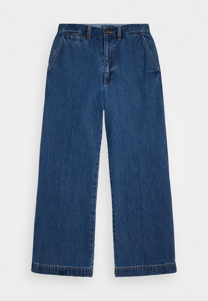 Jeans largi de culoare albastră, confecționați din denim, cu tăietură dreaptă, design clasic cu cinci buzunare și cusături contrastante de-a lungul cusăturilor.