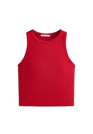 Piros bordázott ujjatlan crop top kerek nyakkivágással és kis márkajelzéssel a gallér belsejében.