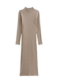 Abito a maniche lunghe rigato in beige, con collo alto e silhouette aderente, caratterizzato da una texture uniforme e una lunghezza fino al pavimento.