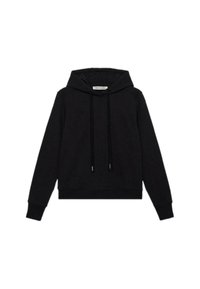 Svart hoodies av mjukt tyg, med en framfick med känguru-design, snoddar och ribbade muddar och fåll. Minimalistisk design.