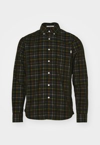 Long-sleeve button-up shirt in black plaid with green, blue, and orange accents. Features a classic collar and chest pocket. Cotton fabric.