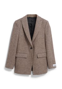 Bruine tweed blazer met gestikte revers, sluiting met één knoop, twee voorzakken en een gladde zwarte voering. Bevat een label op de mouw.
