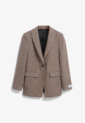 Bruine tweed blazer met gestikte revers, sluiting met één knoop, twee voorzakken en een gladde zwarte voering. Bevat een label op de mouw.