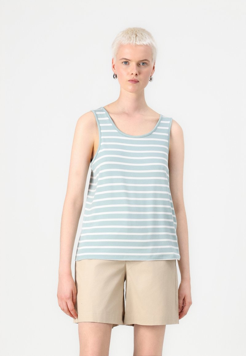 Gestreepte mouwloze top in lichtblauw en wit, gemaakt van zacht materiaal. Heeft een ronde halslijn en een losse pasvorm, gecombineerd met beige shorts.