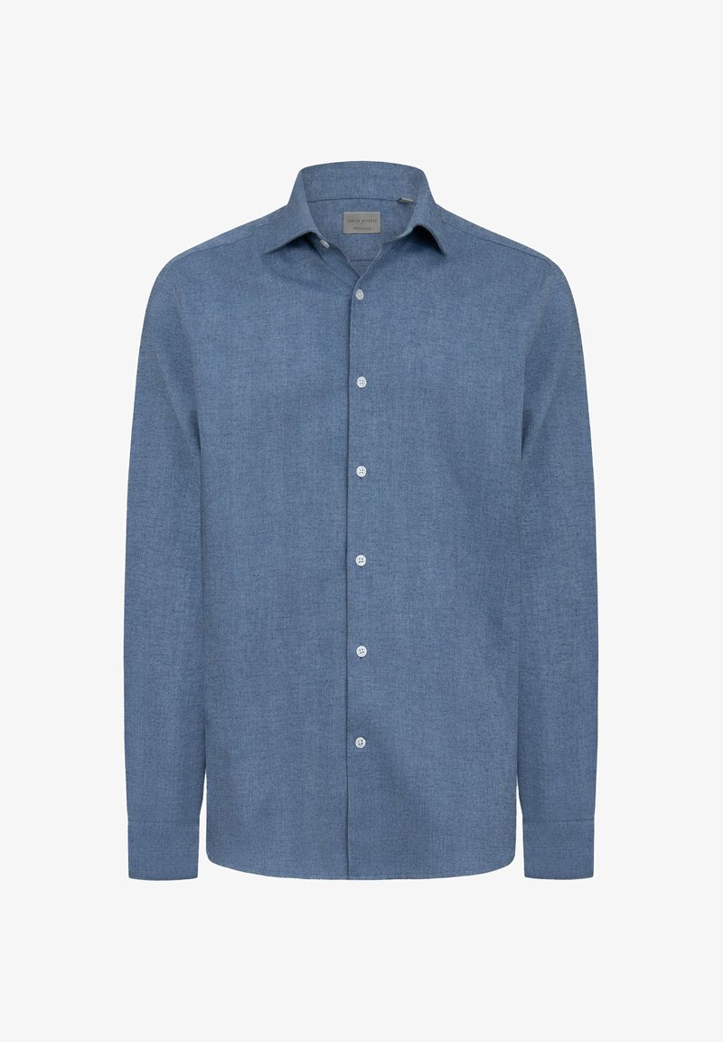 Koszula z długim rękawem zapinana na guziki w jasnoniebieskim kolorze. Posiada kołnierzyk typu point i siedem białych guzików z przodu. Gładka tekstura i dopasowany krój.