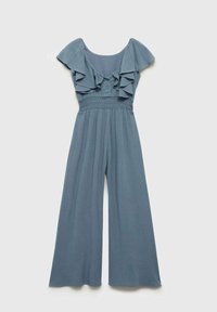 Salopetă albastră cu mâneci scurte și volane, închidere cu nasturi în față, talie elastică și design cu picioare largi. Fabricată dintr-un material ușor, texturat.