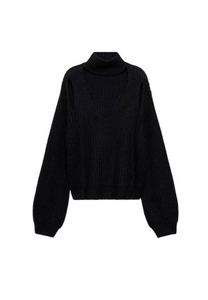 Pulover tricotat negru cu decolteu în V, guler de tip cowl și mâneci lungi cu tiv elastic, având un finisaj texturat.