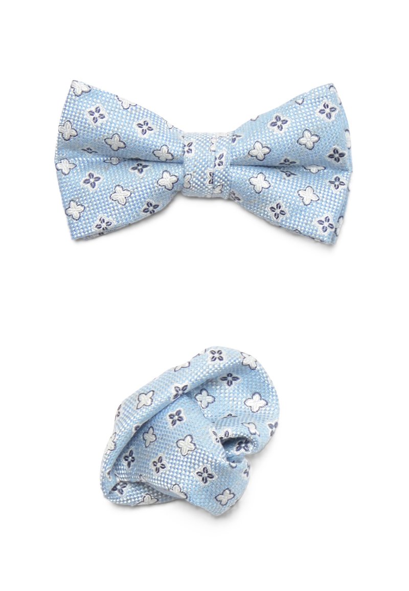 Light blue bow tie and matching pocket square made of textured fabric, featuring white and navy floral patterns throughout.