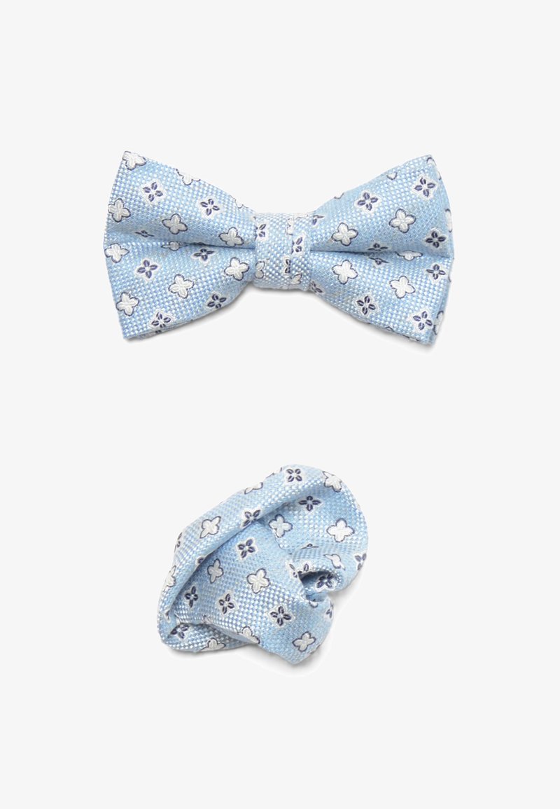 Light blue bow tie and matching pocket square made of textured fabric, featuring white and navy floral patterns throughout.