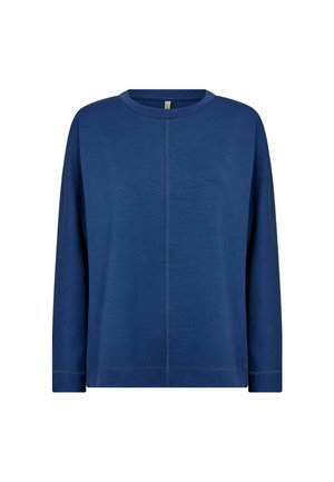 Blauer Pullover mit langen Ärmeln, aus einem weichen Stoff gefertigt. Hat ein einfaches Design mit sichtbaren Nähten und einem runden Ausschnitt.