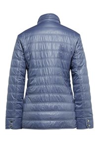 Gepolsterte, leichte Jacke in Hellblau. Verfügt über einen hohen Kragen und Druckknopfakzente an den Bündchen. Glatte, glänzende Textur.