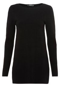 Haut noir à manches longues avec un col ras du cou. Fabriqué en tissu doux et texturé. Présente une coupe droite et des fentes latérales à l'ourlet.