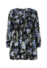 Zwarte bloemenjurk met lange mouwen, voorzien van een smock-bovenzijde, blauwe en groene bloempatronen en een relaxed fit silhouet.