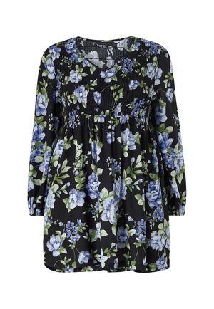 Zwarte bloemenjurk met lange mouwen, voorzien van een smock-bovenzijde, blauwe en groene bloempatronen en een relaxed fit silhouet.