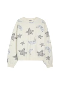 Felpa bianca con motivi di stelle e luna crescente in grigio, con dettagli argento discreti. Vestibilità rilassata e polsini a coste.