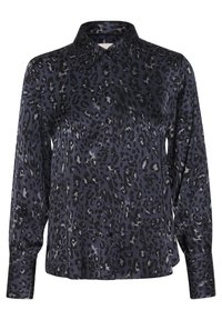 Bluse i sort og marineblå leopardmønster med lange ærmer, knaplukning foran og klassisk krave. Glat stof med en blød glans.