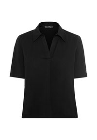 Haut noir à manches courtes avec un col classique, présentant une coupe décontractée et un design minimaliste. Fabriqué en matériau lisse et léger.