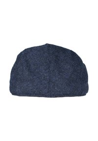 Donkerblauwe platte pet met gestikte panelen en een textuurpatroon, weergegeven vanuit boven op een witte achtergrond.