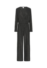 Czarny kombinezon z długimi rękawami i dekoltem w serek. Materiał o fakturze z wzorem w jodełkę. Elastyczna talia i szerokie nogawki.