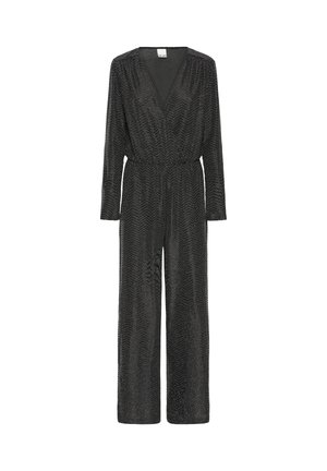 Czarny kombinezon z długimi rękawami i dekoltem w serek. Materiał o fakturze z wzorem w jodełkę. Elastyczna talia i szerokie nogawki.
