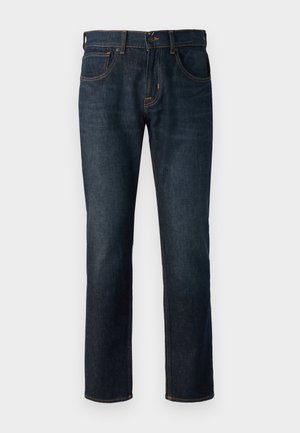 Dark blue denim jeans with a straight cut. Features include a button and zipper closure, five pockets, and contrasting stitching.