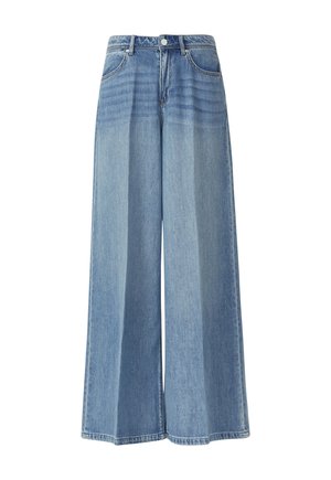 Weite Jeans in hellblauem Denim mit Fronttaschen, Knopfverschluss und gestickten Details entlang der Seiten und dem Saum.