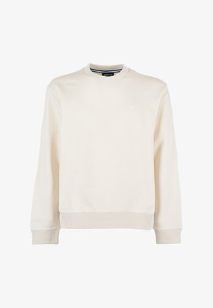 Felpa in cotone cream con collo rotondo, polsini e orlo a costine, e un piccolo logo sul petto. Tessuto semplice e liscio.