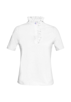 Witte shirt met korte mouwen, voorzien van een gerimpelde hoge kraag en een gedeeltelijke knoopsluiting. Gemaakt van glad katoen met een schoon, eenvoudig ontwerp.