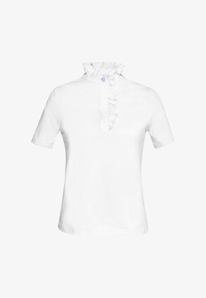 Witte shirt met korte mouwen, voorzien van een gerimpelde hoge kraag en een gedeeltelijke knoopsluiting. Gemaakt van glad katoen met een schoon, eenvoudig ontwerp.