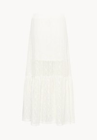Jupe longue en dentelle blanche avec un design à étages et des motifs complexes en forme de losange, longueur genou à mi-mollet.