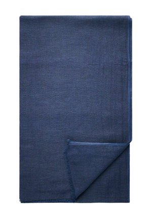 Marineblå vævet tørklæde med frynsede kanter, rektangulær form, lavet af letvægtigt stof, glat tekstur og et enkelt design.