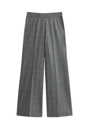 Grijze wijde pantalon met een subtiel geruit patroon, een vlakke tailleband en details van een voorplicheuvel.