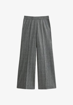 Grijze wijde pantalon met een subtiel geruit patroon, een vlakke tailleband en details van een voorplicheuvel.