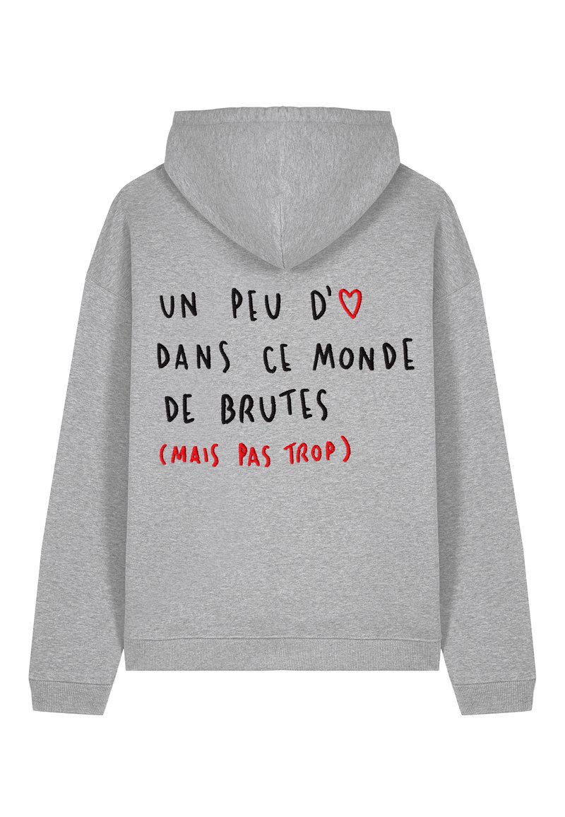 Sivá mikina s kapucňou a čiernym a červeným textom na chrbte. Text obsahuje symbol srdca a má ležérny štýl. Mäkká, fleecová textúra.