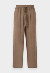 Brown, lightweight, woven pants with a textured finish. Features an elastic waistband and a drawstring for adjustable fit. Straight-leg design.