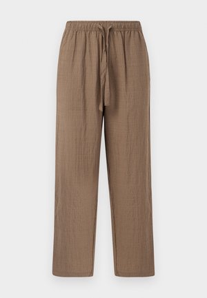 Brown, lightweight, woven pants with a textured finish. Features an elastic waistband and a drawstring for adjustable fit. Straight-leg design.