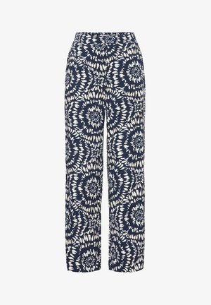 Tumed sinised püksid, millel on keerlev valge muster. Valmistatud kergest kangast, millel on sile tekstuur ja laiad jalad.