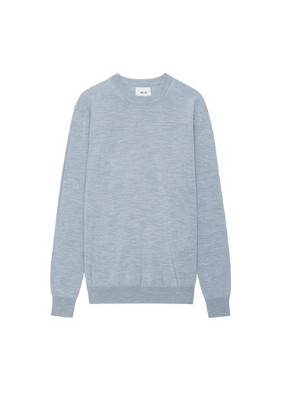 Light blue sweater made of knit fabric, featuring a crew neckline, long sleeves, and ribbed cuffs and hem. Textured surface with minimal design.