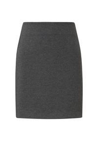 Jupe mini droite gris foncé en tissu tricoté lisse avec une ceinture élastique, présentée sur un fond blanc.