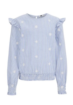 Blauw-wit gestreepte blouse met lange mouwen, verticale strepen, met geplooide schouders, gerimpelde manchetten, zoom en witte geborduurde bloemenmotieven.