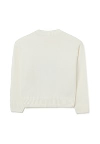 White knitted sweater with a round neck, ribbed hem, and long sleeves. The back view highlights its smooth texture and simple design.