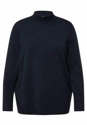 Dark navy turtleneck sweater, made of soft knit material. Features long sleeves, a relaxed fit, and textured accents on the hem and sleeves.