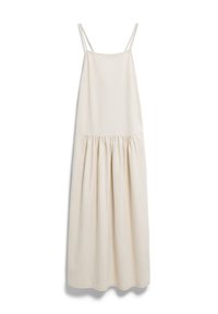 Beige puuvillamekko ohuin olkaimin, istuvalla yläosalla ja laskeutuvalla, kerätyllä helmalla. Sileä pinta, polven pituinen malli, jossa kaareva helma.