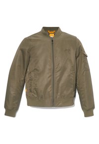 Chaqueta bomber de color verde oliva con cremallera frontal, puños y dobladillo acanalados, dos bolsillos delanteros y un pequeño bolsillo en la manga izquierda.