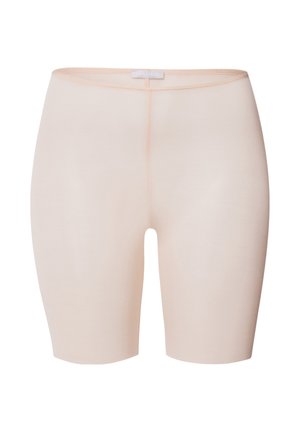 Pantaloni beige a vita alta senza cuciture con una texture liscia, privi di cuciture visibili e con una leggera lucentezza. Progettati per una vestibilità aderente.