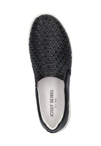 Černé pletené nazouvací boty s texturovaným svrškem, bílou gumovou podrážkou a decentním logem na stélce. Design s zaoblenou špičkou.